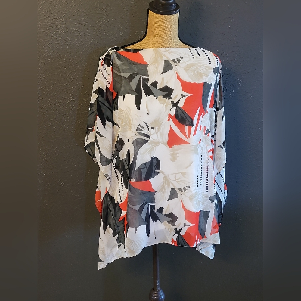Calvin Klein Large Boat Neck Blouse With Flutter Sleeves Red/Black Floral